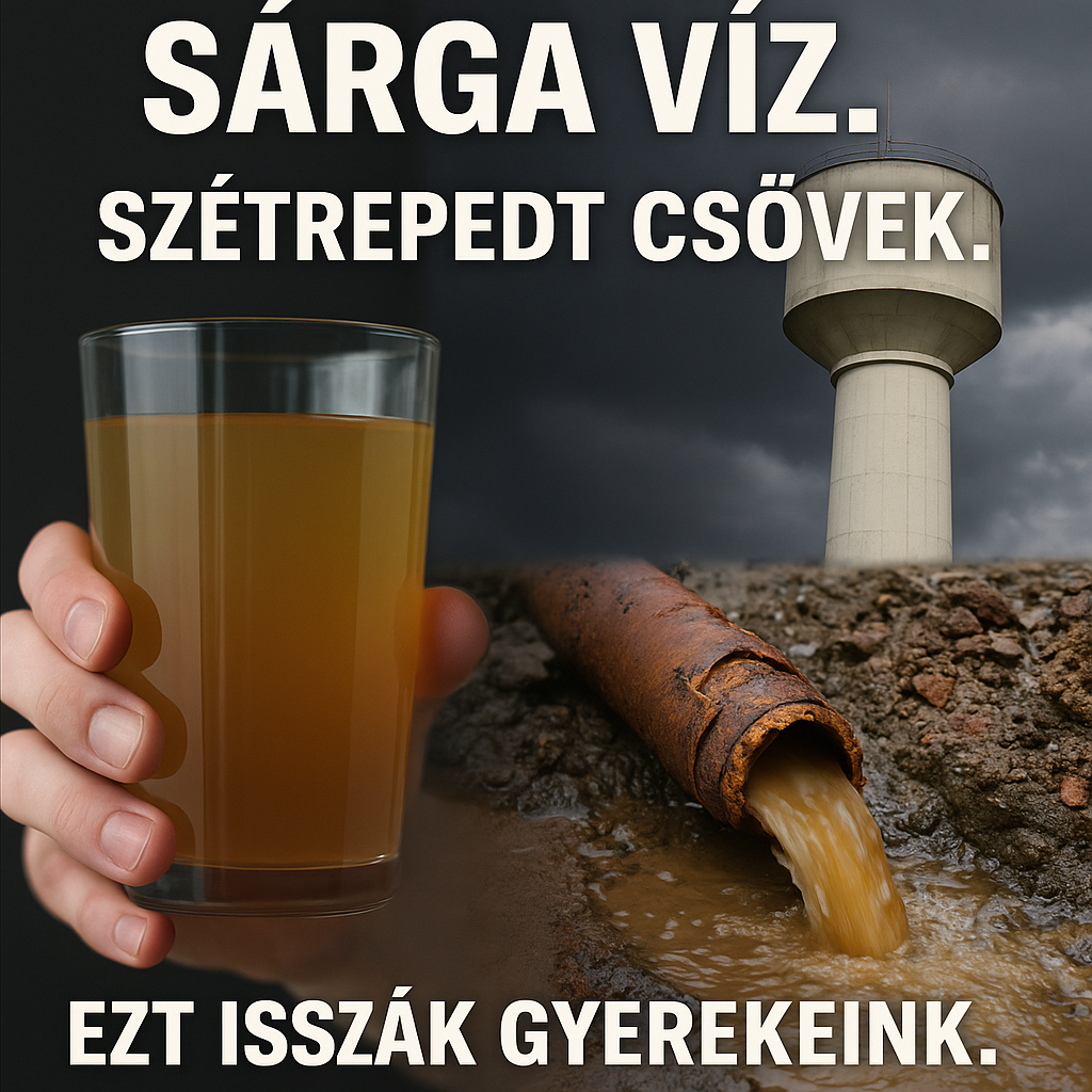 Sárga víz a pohárban, szétrepedt cső, víztorony