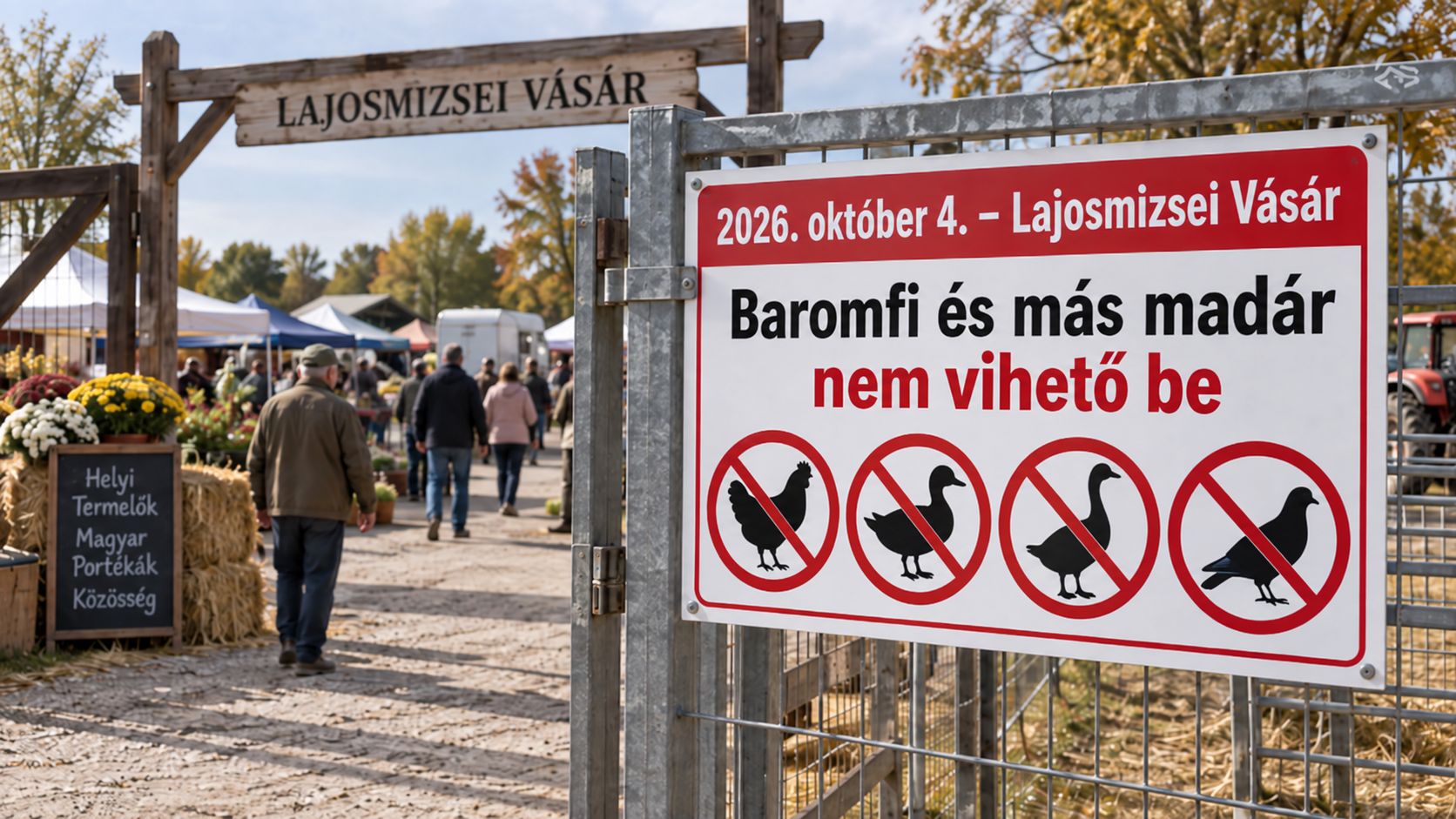 MI-illusztráció: figyelmeztető tábla a lajosmizsei vásár bejáratánál, baromfi és más madár bevitelének tilalmával.